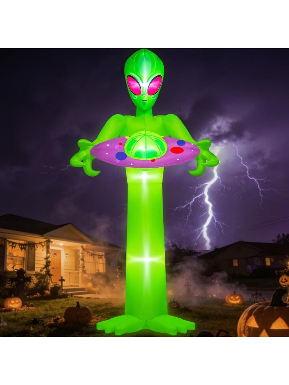 🎃10FT Tall Halloween Inflatable Alien with UFO Built-In Bright LED Light Decor